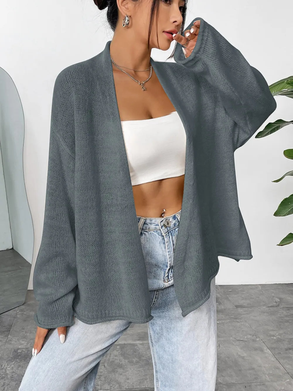 Open Front Dropped Shoulder Cardigan - kinko
