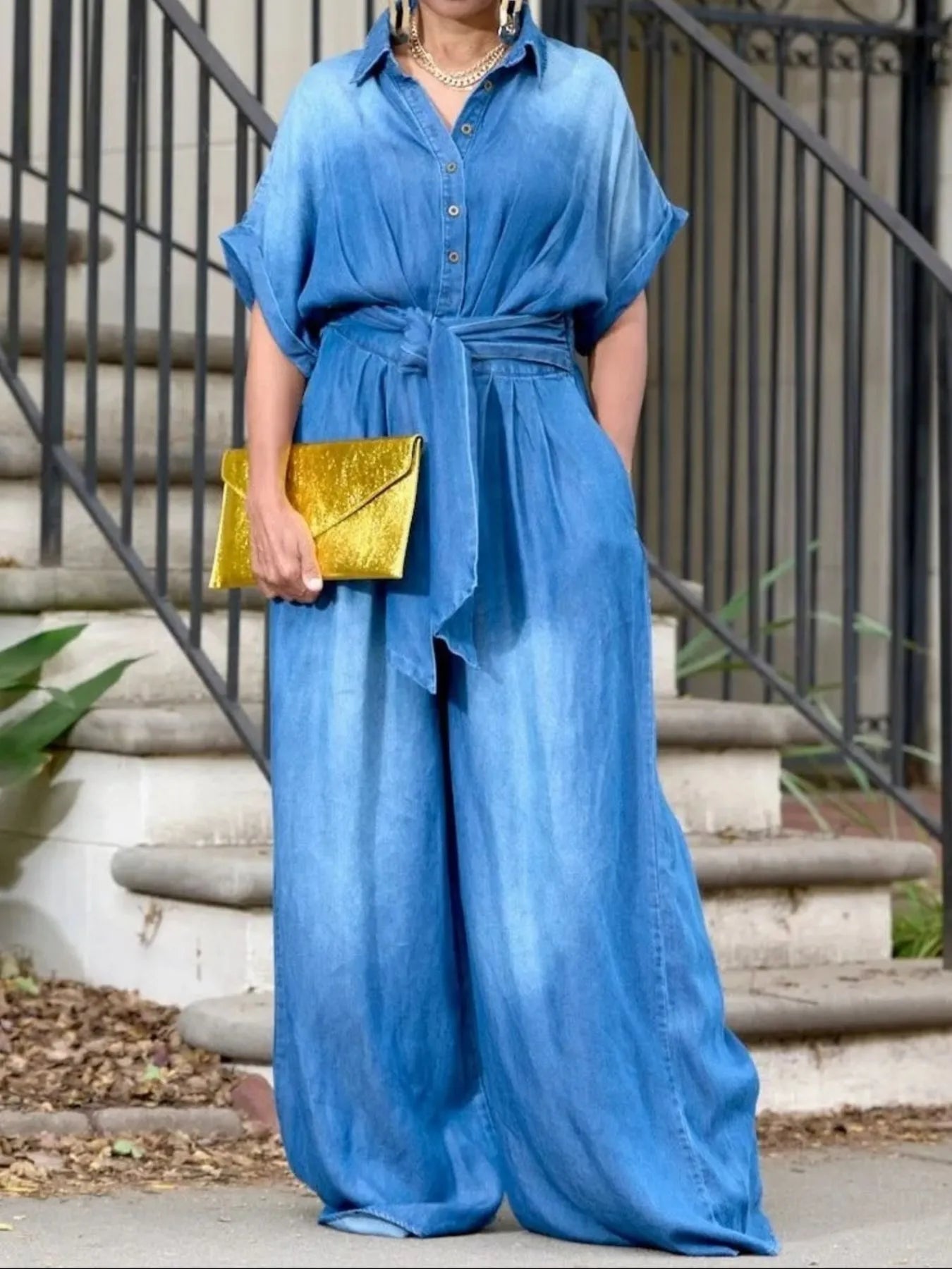 Button Front Wide Leg Denim Jumpsuit - kinko