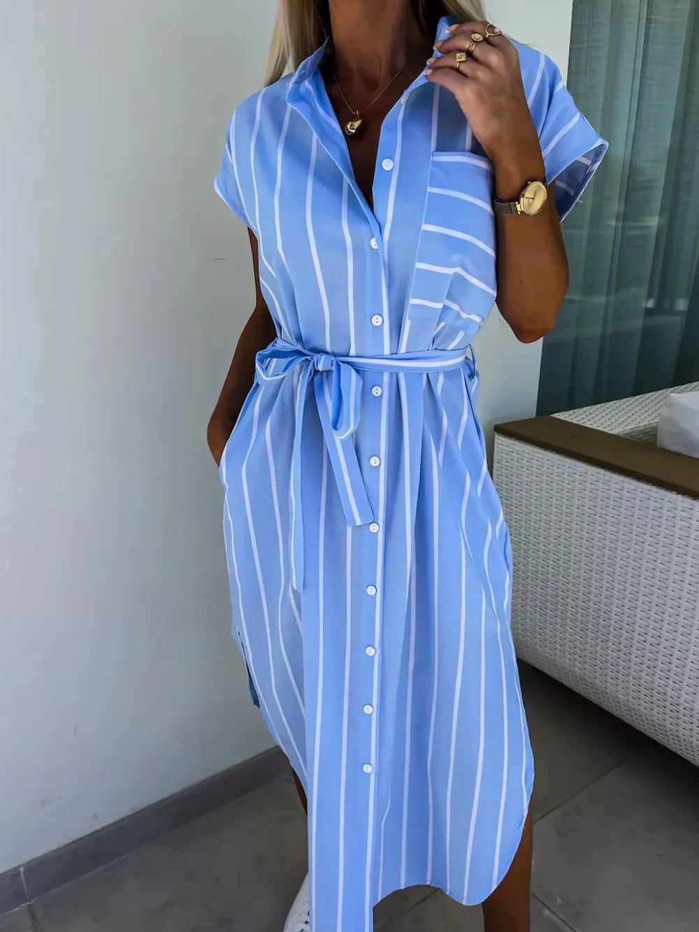 Striped Tie Waist Short Sleeve Dress - kinko