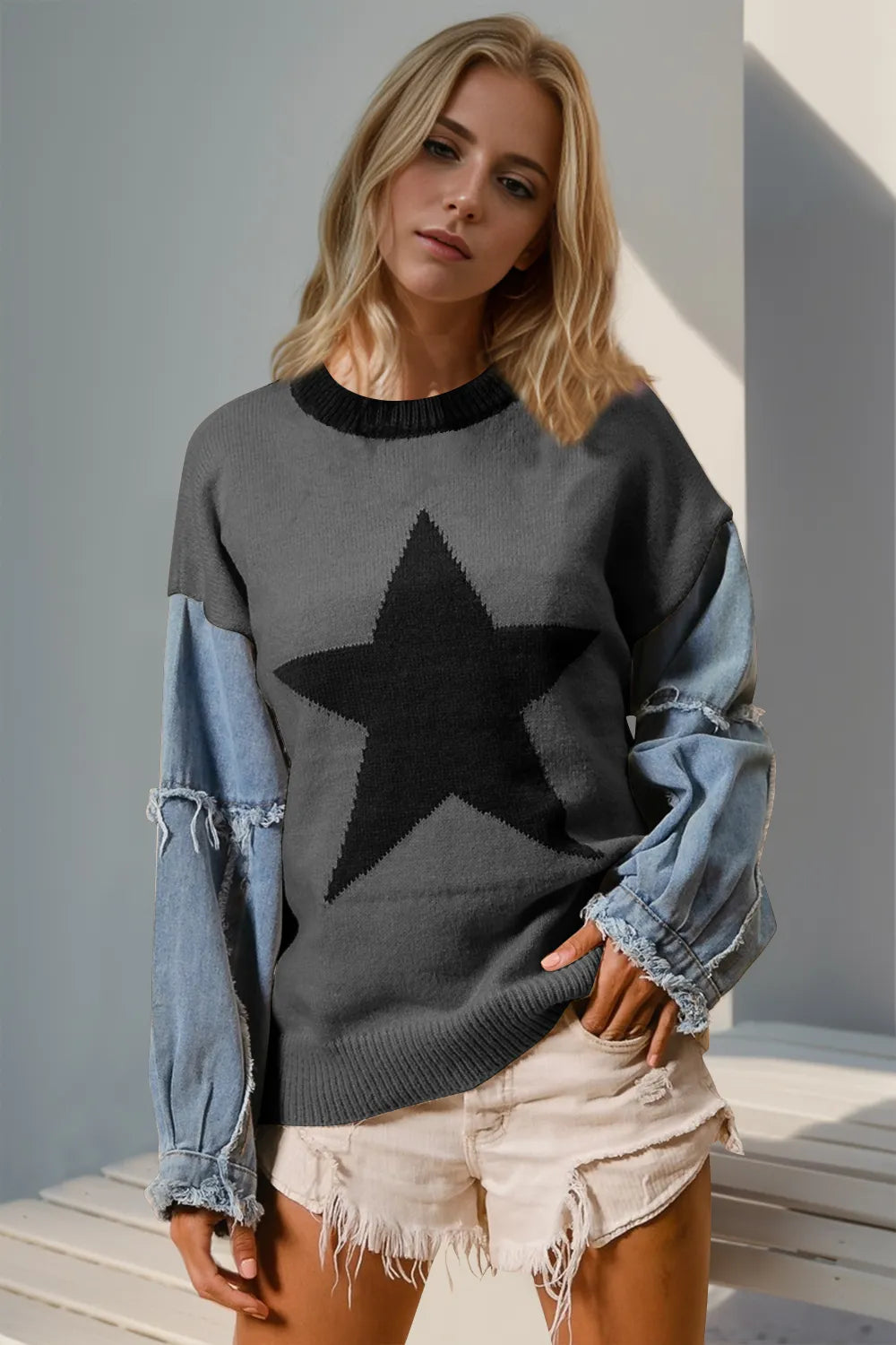 Double Take Full Size Star Pattern Raw Edge Long Sleeve Sweater - kinko