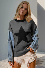 Double Take Full Size Star Pattern Raw Edge Long Sleeve Sweater - kinko