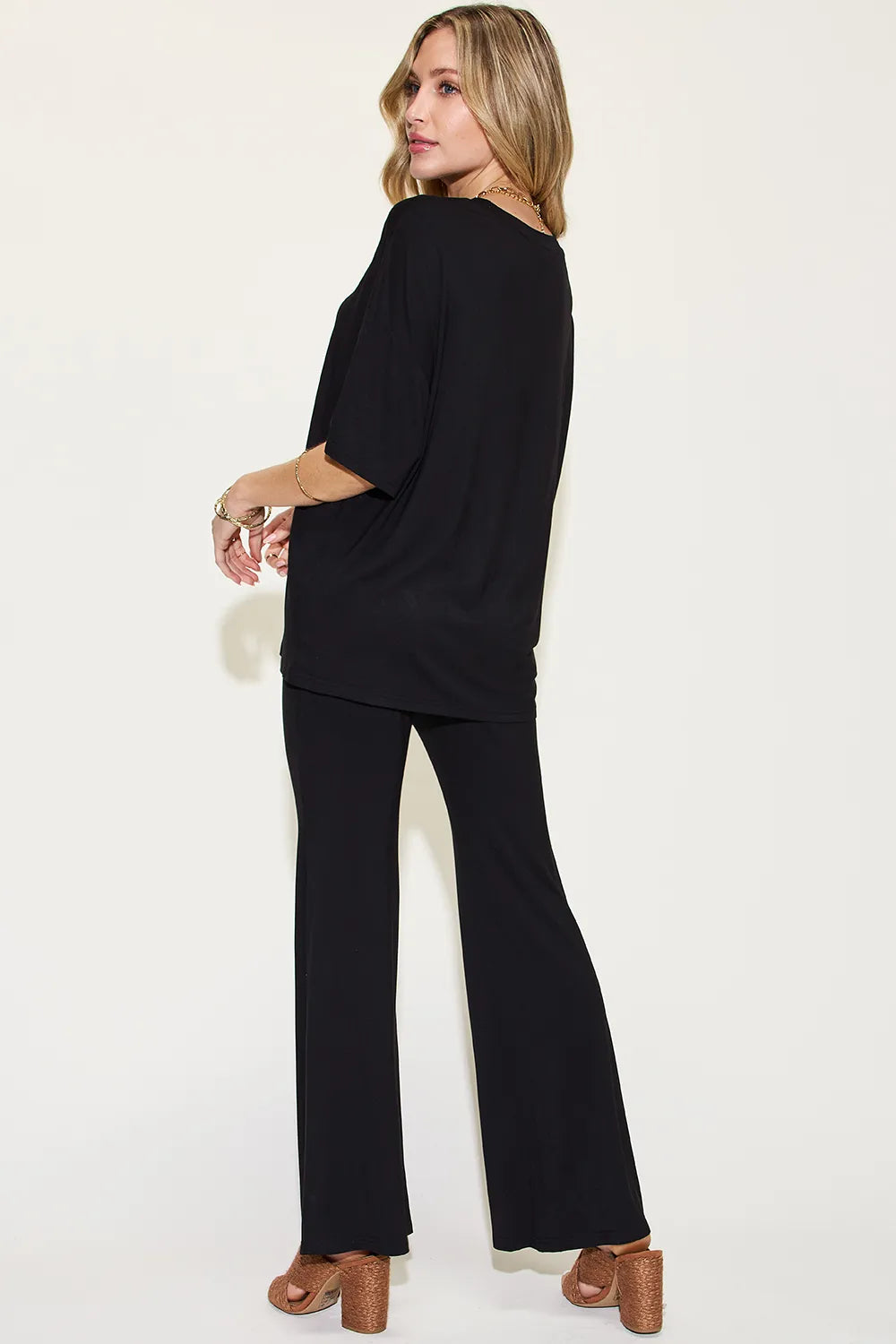 Basic Bae Full Size Bamboo Drop Shoulder T-Shirt and Flare Pants Set - kinko