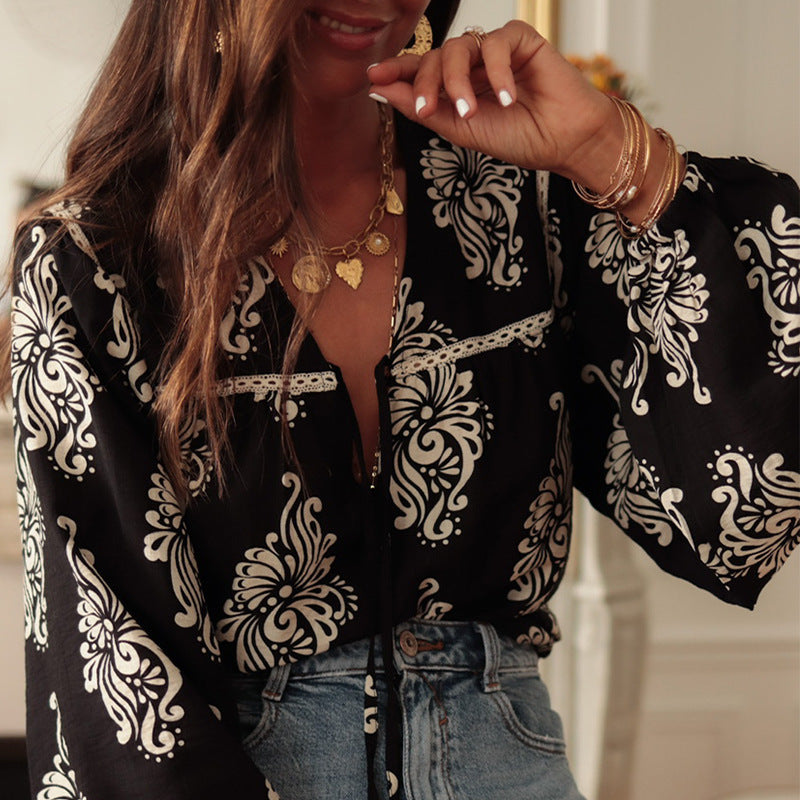 Women's Long-sleeved Printed Cotton Shirt - kinko