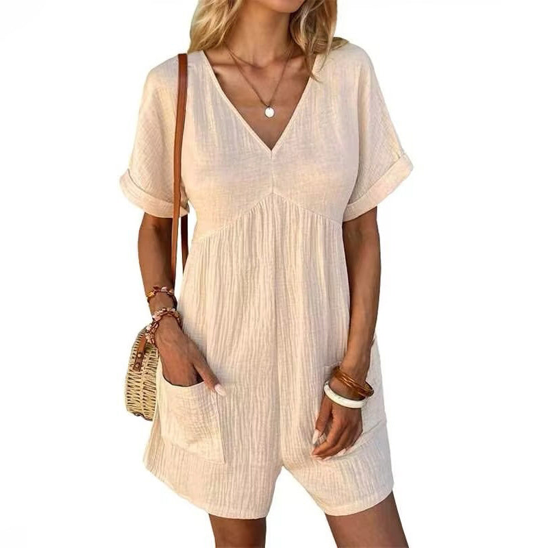Womens Summer Romper Casual Short Sleeve V Neck Short Jumpsuits With Pockets - kinko