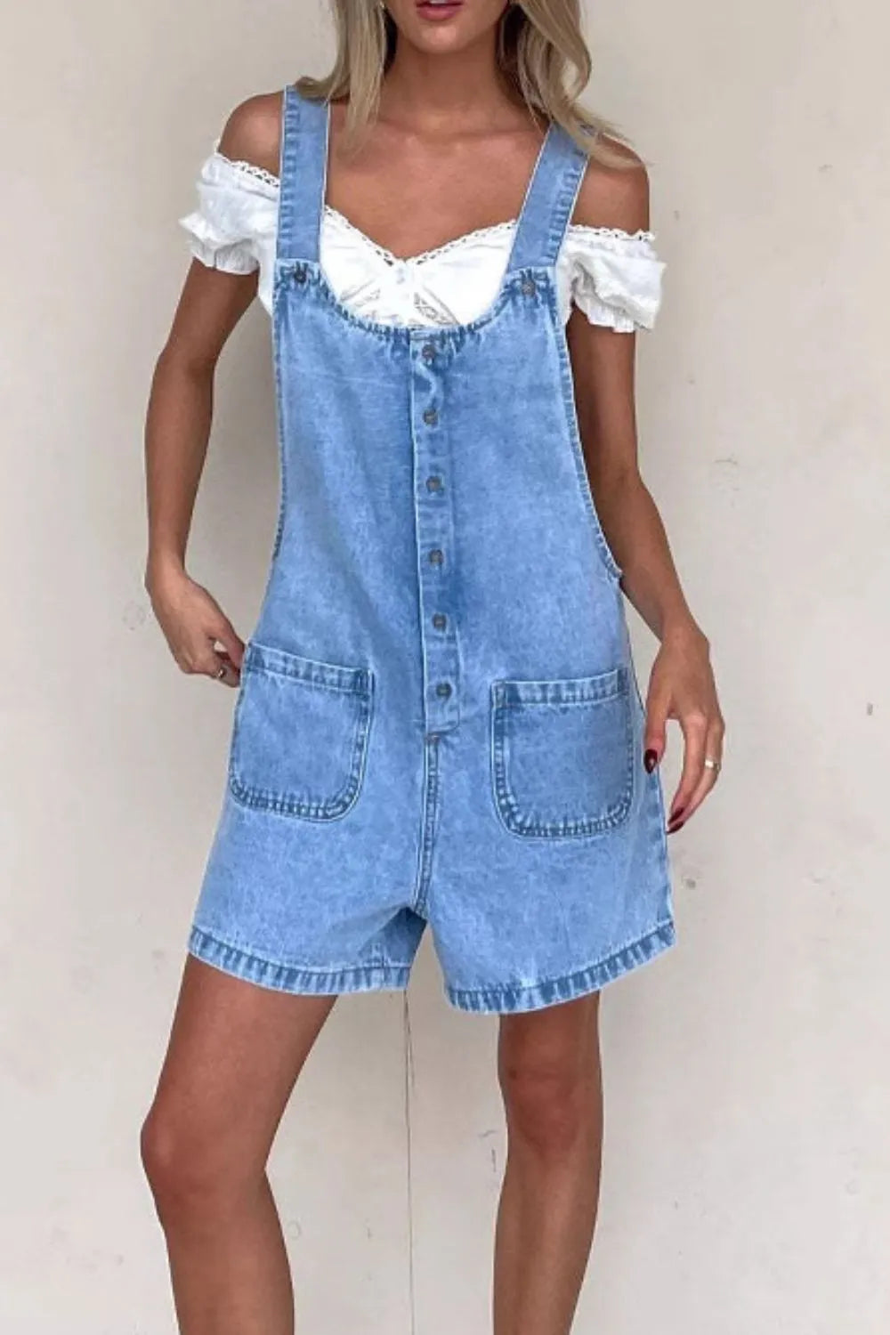 Button Front Denim Overall Shorts with Front Pockets - kinko