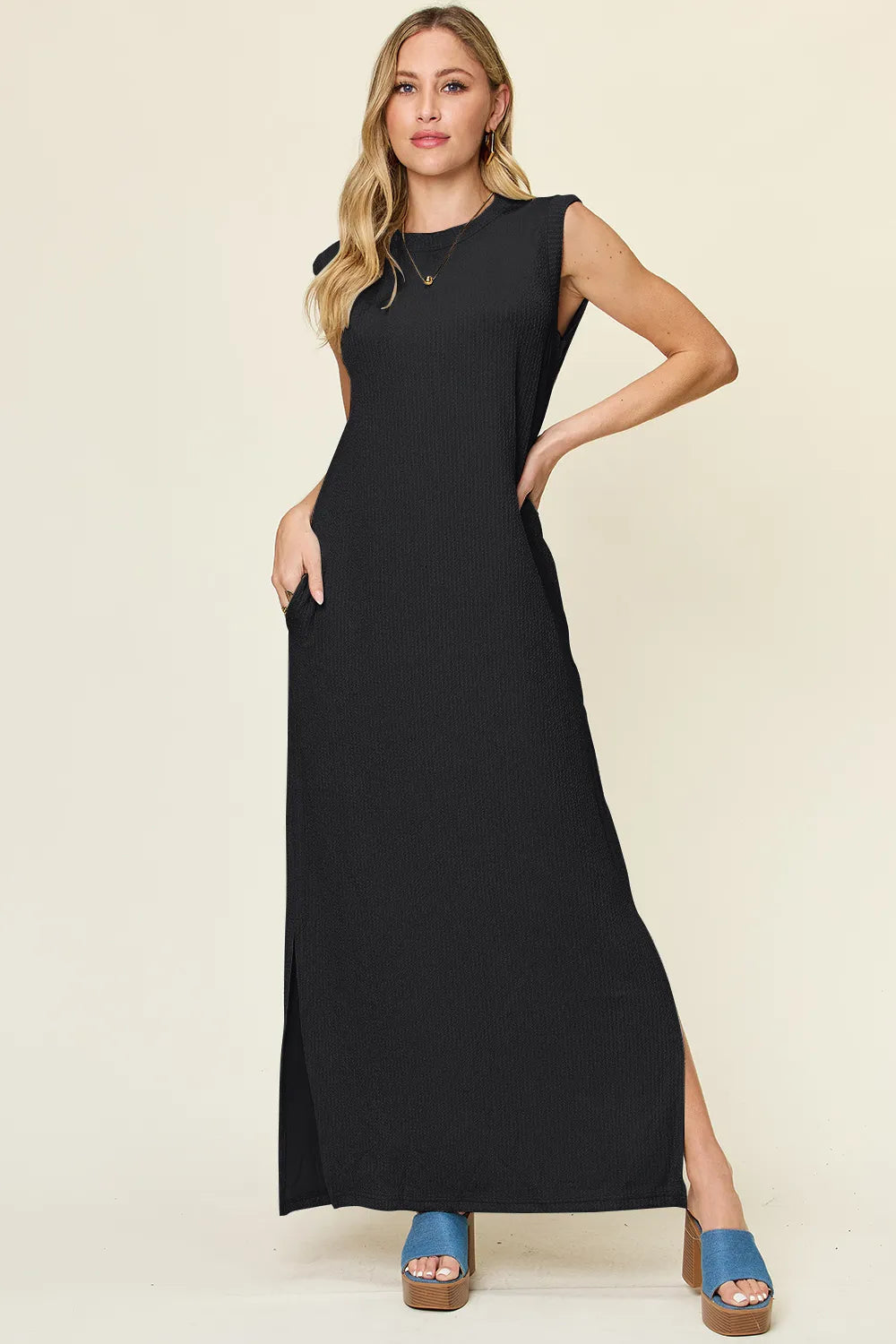 Double Take Full Size Texture Mock Neck Sleeveless Maxi Dress - kinko