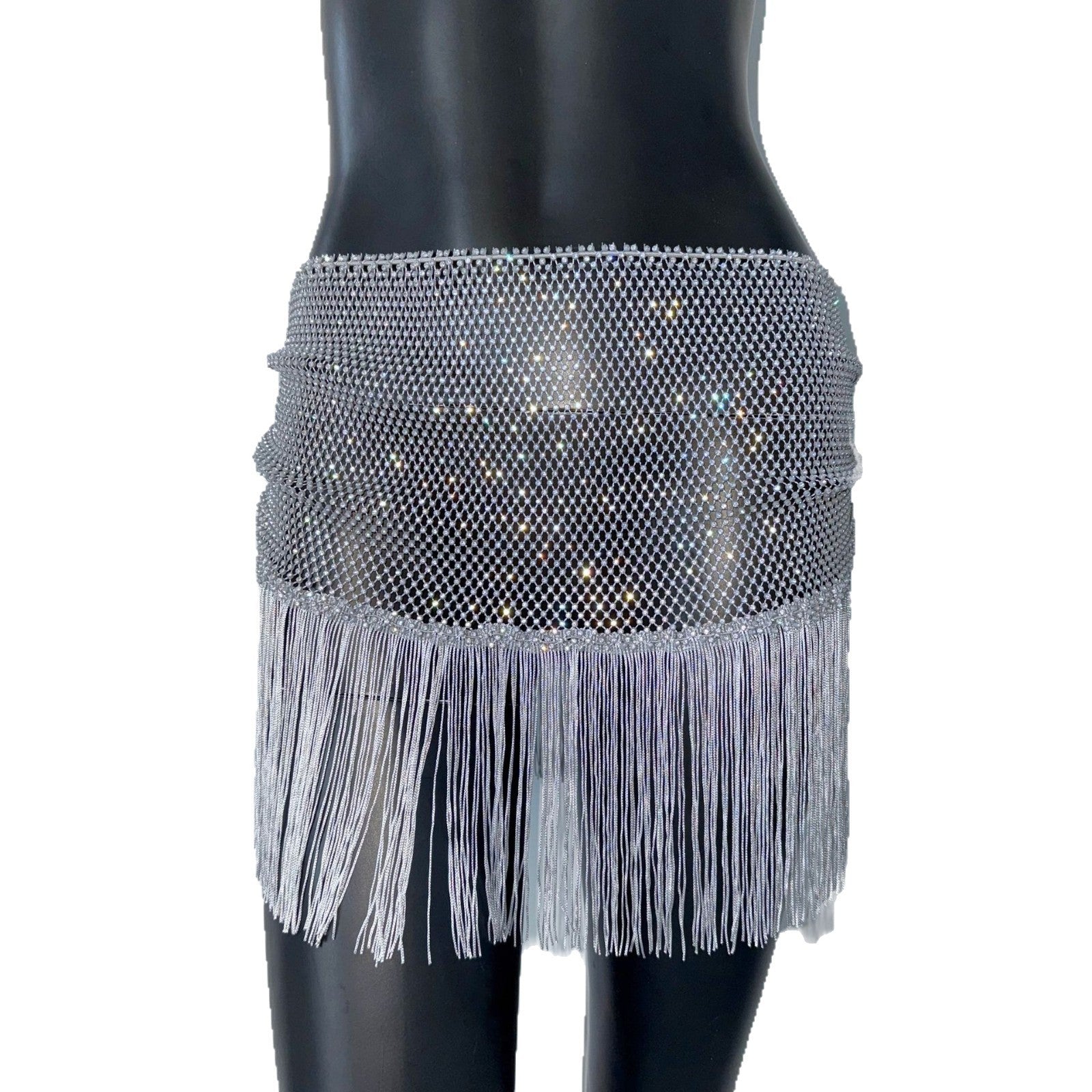 Half-length Tassel Stitching Fishnet Rhinestone Elastic Skirt - kinko