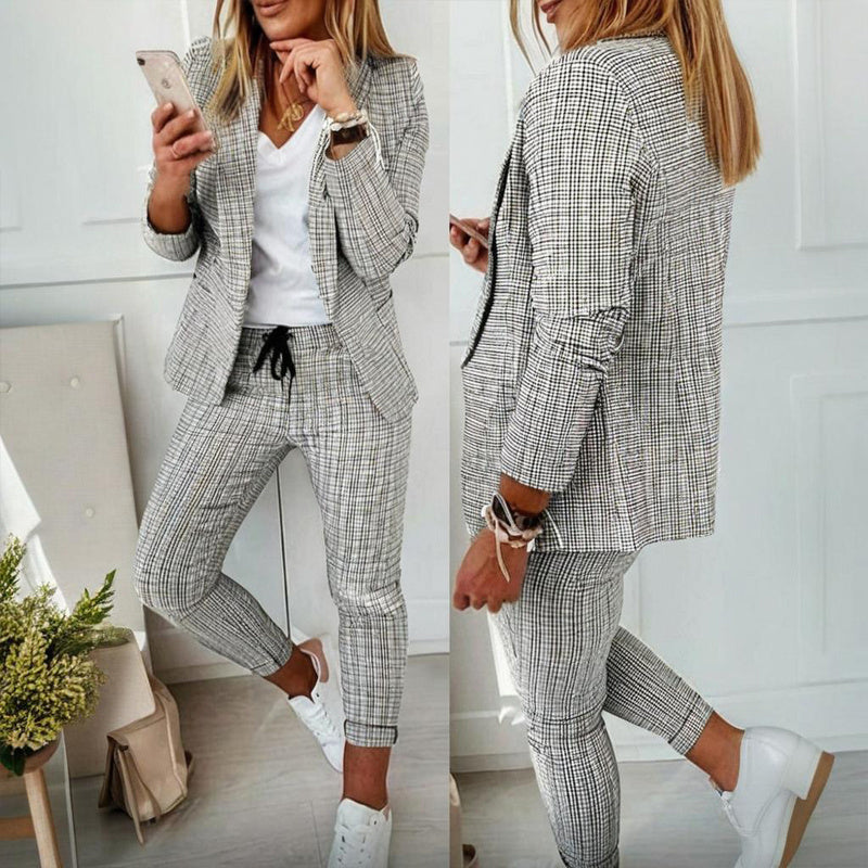 Women's Solid Color Plaid Long Sleeve Suit Two-piece Set With Pockets & Drawstring Waist Office Wear For Spring&Fall - kinko