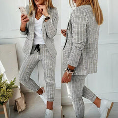 Women's Solid Color Plaid Long Sleeve Suit Two-piece Set With Pockets & Drawstring Waist Office Wear For Spring&Fall - kinko