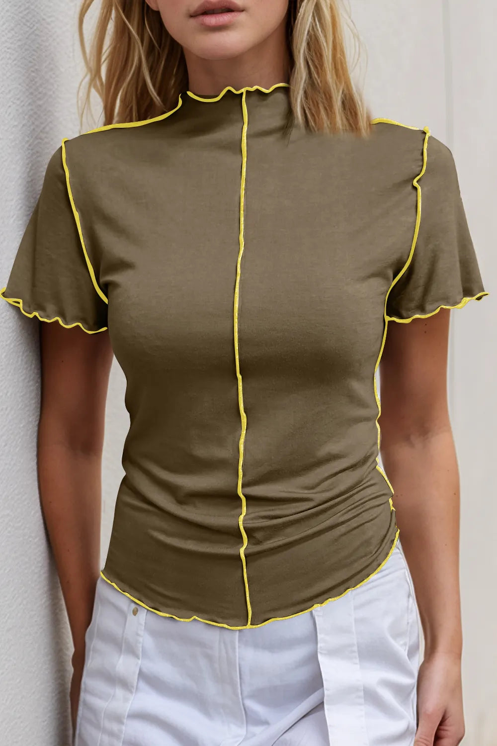 Basic Bae Contrast Trim Mock Neck Short Sleeve T-Shirt - kinko
