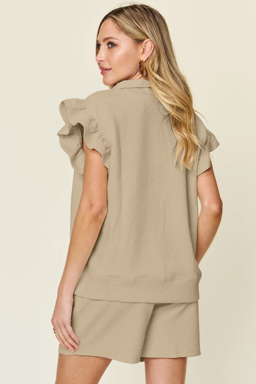 Double Take Full Size Texture Flounce Sleeve Top and Drawstring Shorts Set - kinko