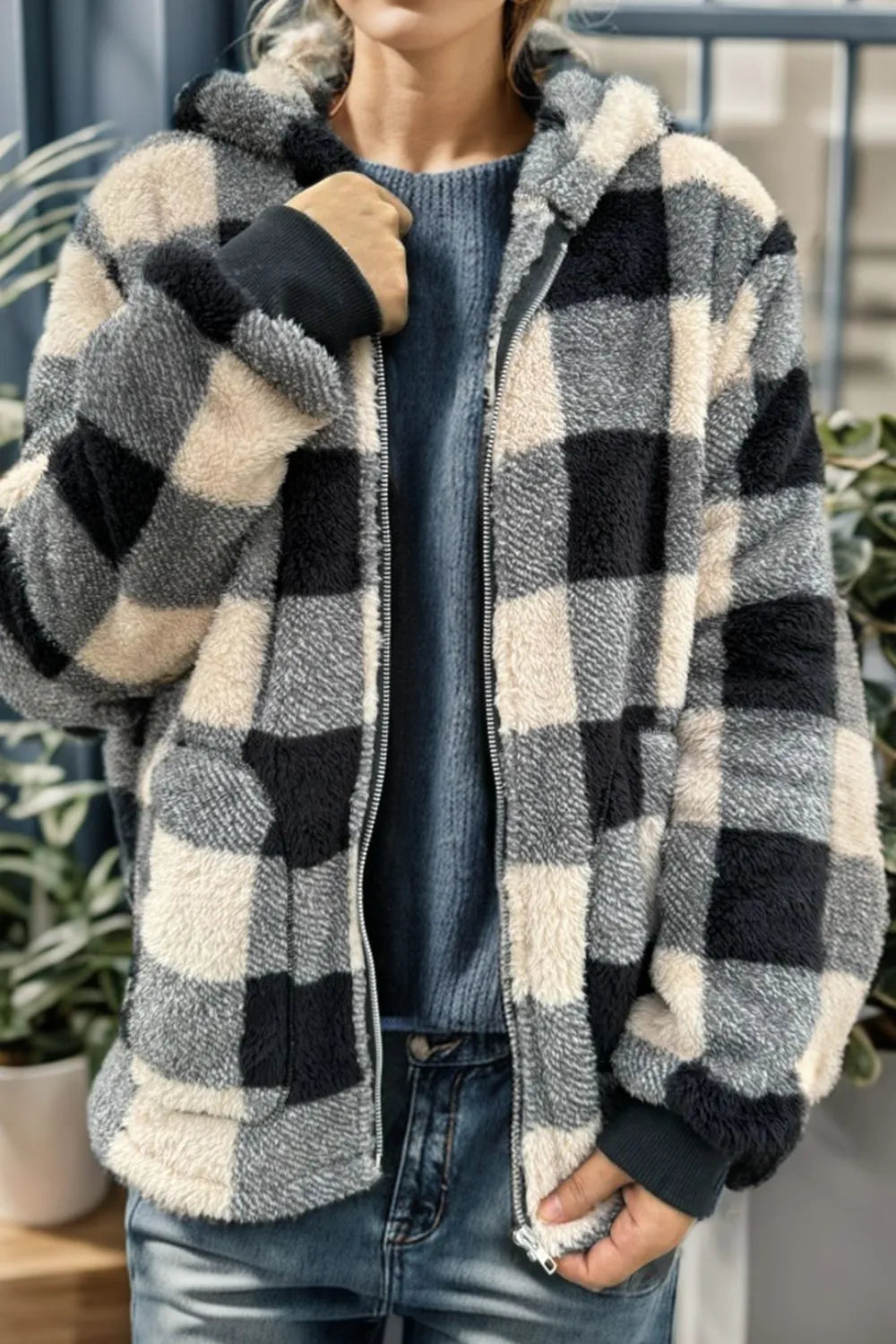 Double Take Full Size Plaid Long Sleeve Hooded Coat - kinko