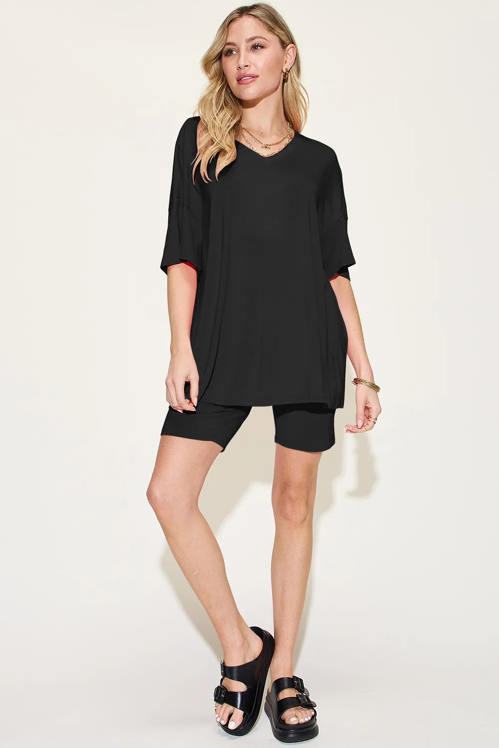 Basic Bae Bamboo Full Size V-Neck Drop Shoulder T-Shirt and Shorts Set - kinko