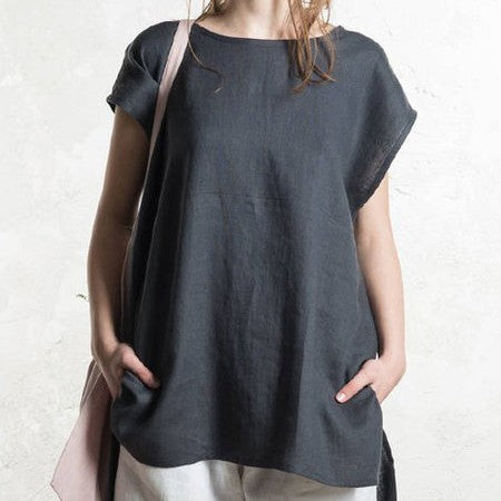 Round Neck Front Short Back Long Short Sleeve Top For Women - kinko