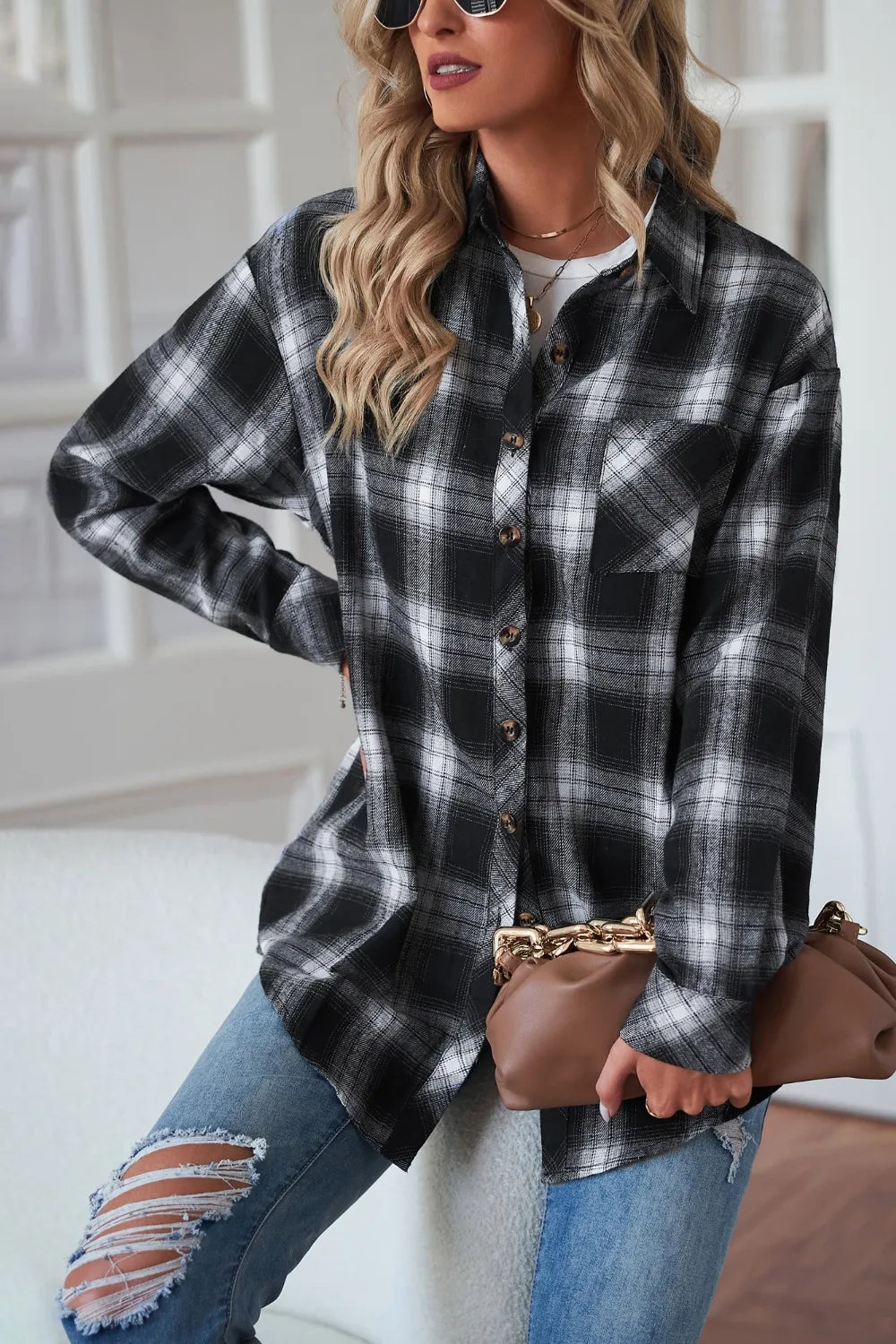 Plaid Button Up Dropped Shoulder Outerwear - kinko