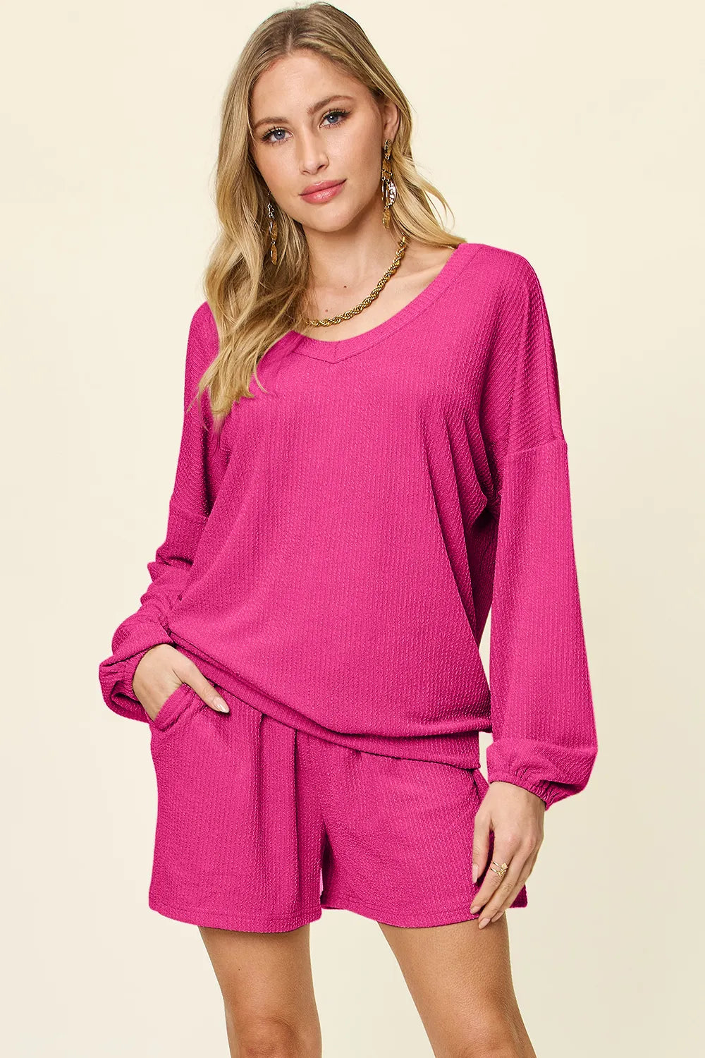 Double Take Full Size Texture V-Neck Long Sleeve T-Shirt and Shorts Set - kinko