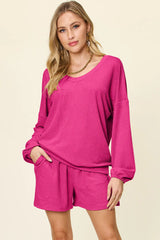 Double Take Full Size Texture V-Neck Long Sleeve T-Shirt and Shorts Set - kinko
