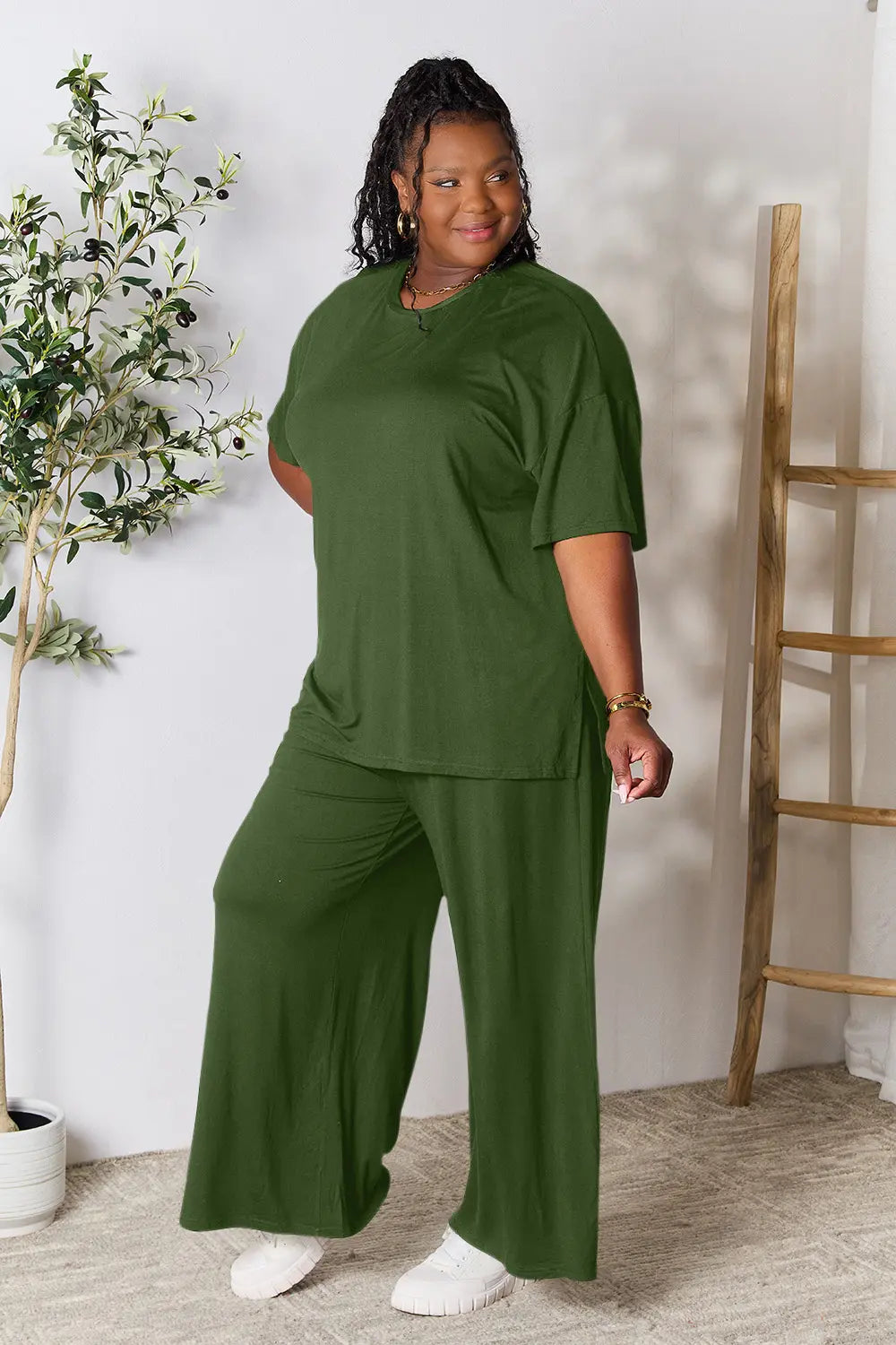 Double Take Full Size Round Neck Slit Top and Pants Set - kinko