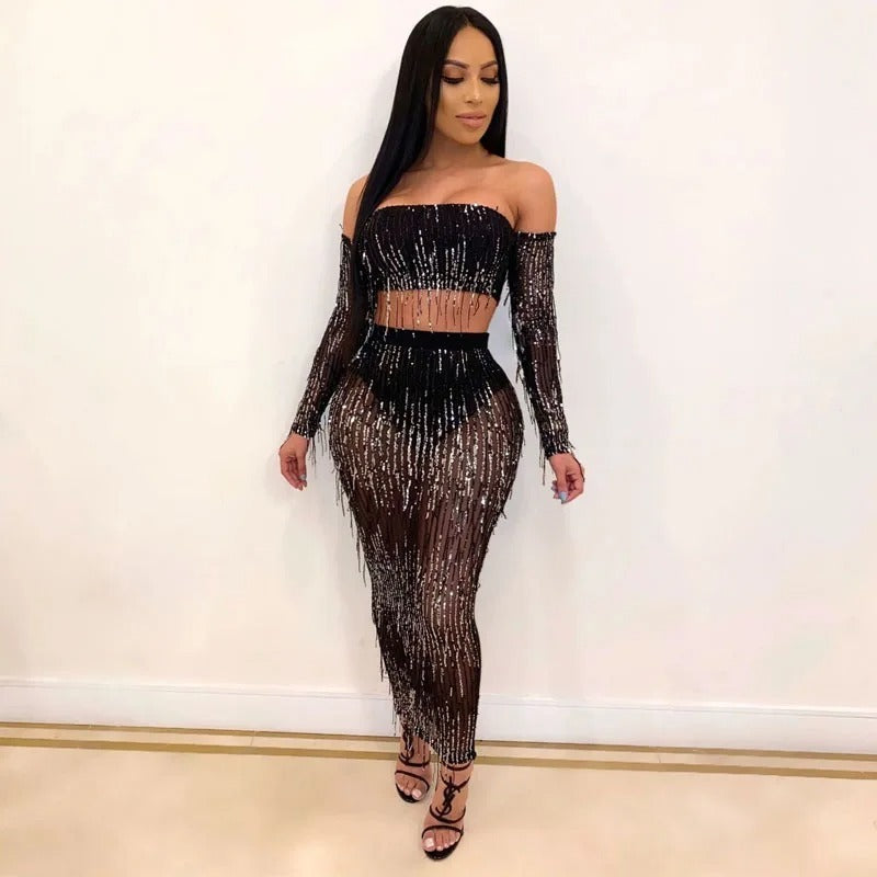 Fashion Sexy See-through Mesh Sequins Tassel Two-piece Set - kinko