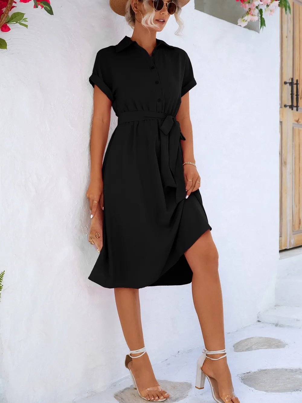 Buttoned Tie Waist Short Sleeve Dress - kinko