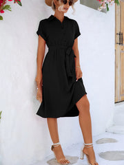 Buttoned Tie Waist Short Sleeve Dress - kinko