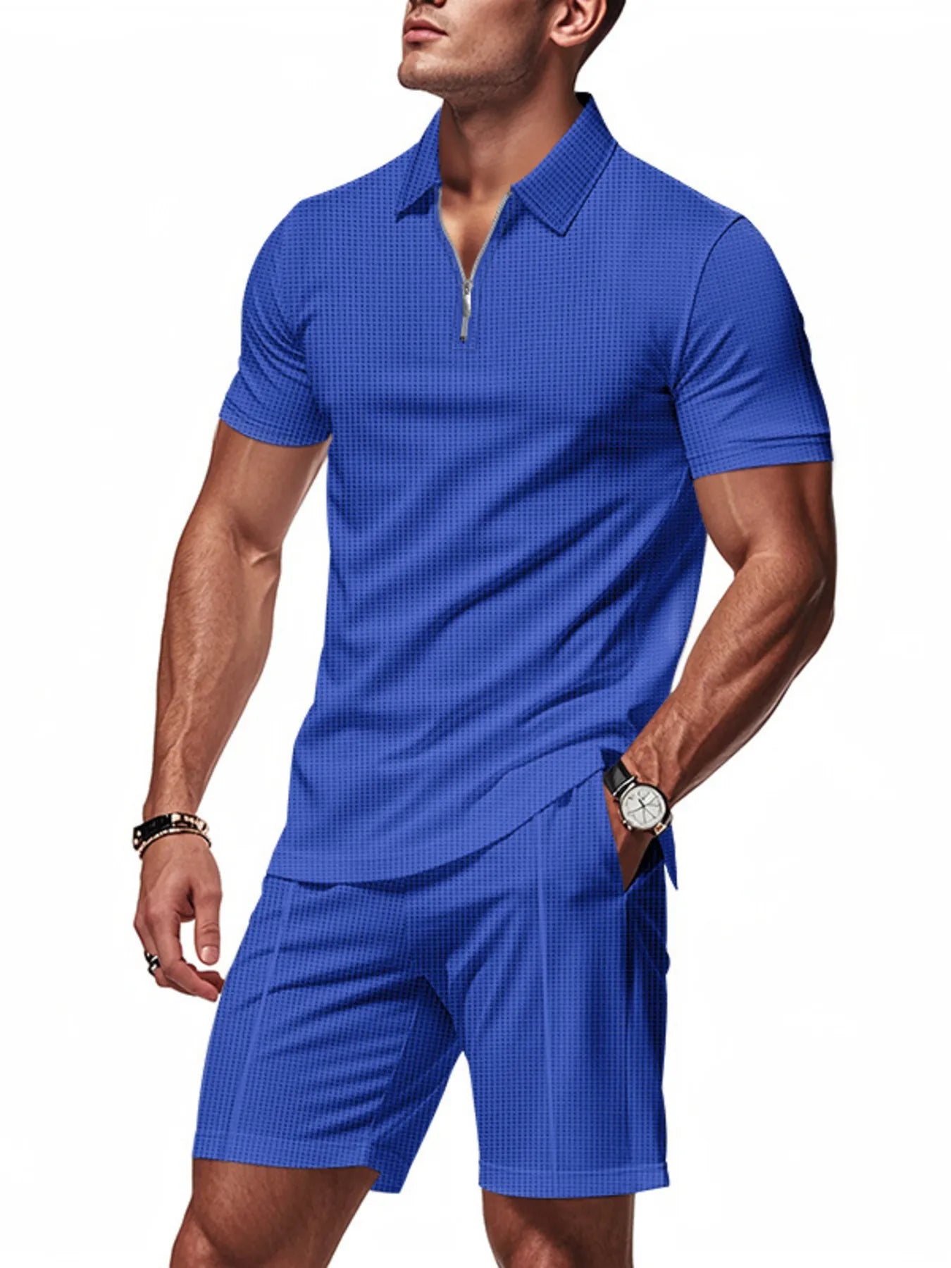 Men's Plus Size Quarter Zip Short Sleeve Top and Shorts Set - kinko