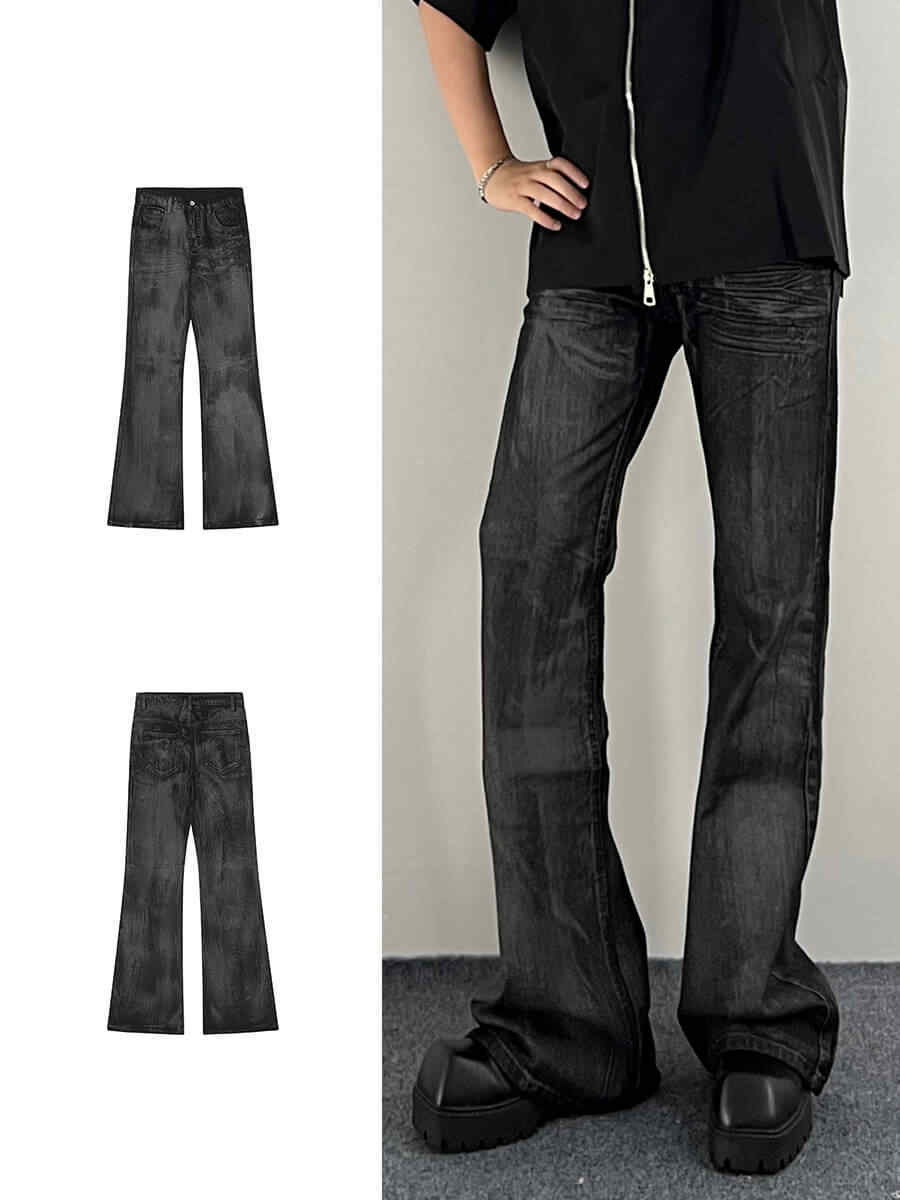 Washed Black Jeans Men's Straight Bootcut Trousers - kinko