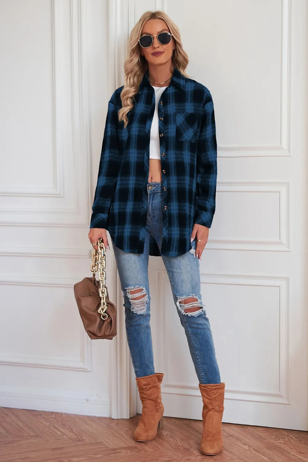 Plaid Button Up Dropped Shoulder Outerwear - kinko