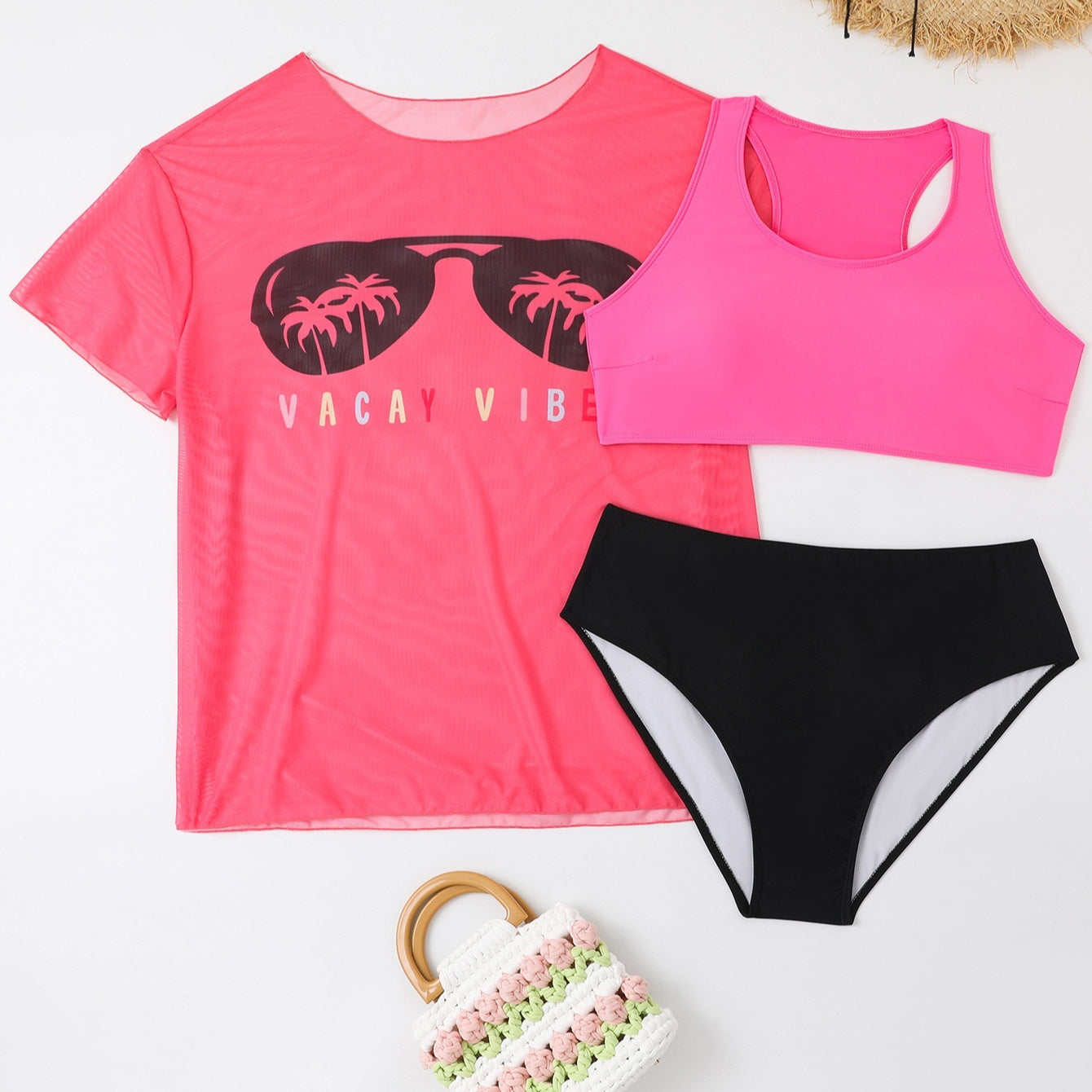New Swimwear Mesh See-through Blouse Plus Size Swimsuit Bikini Three-piece Set - kinko