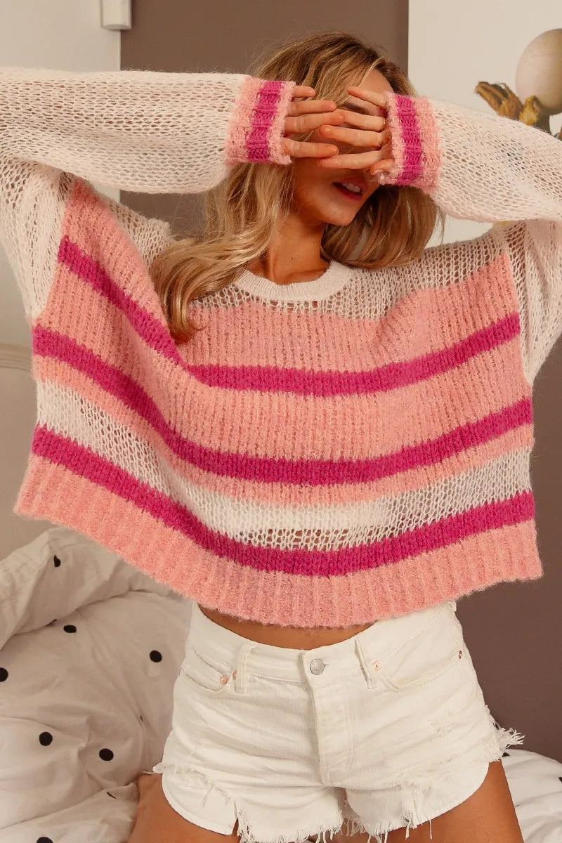 BiBi Hollow Out Yoke Detail Striped Sweater - kinko