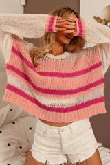 BiBi Hollow Out Yoke Detail Striped Sweater - kinko