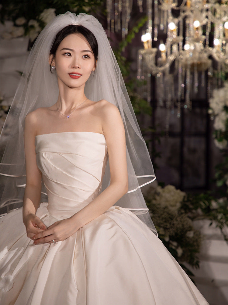Women's Satin Tube Top Simple Elegant French Style Large Tail Elegant Wedding Dress - kinko