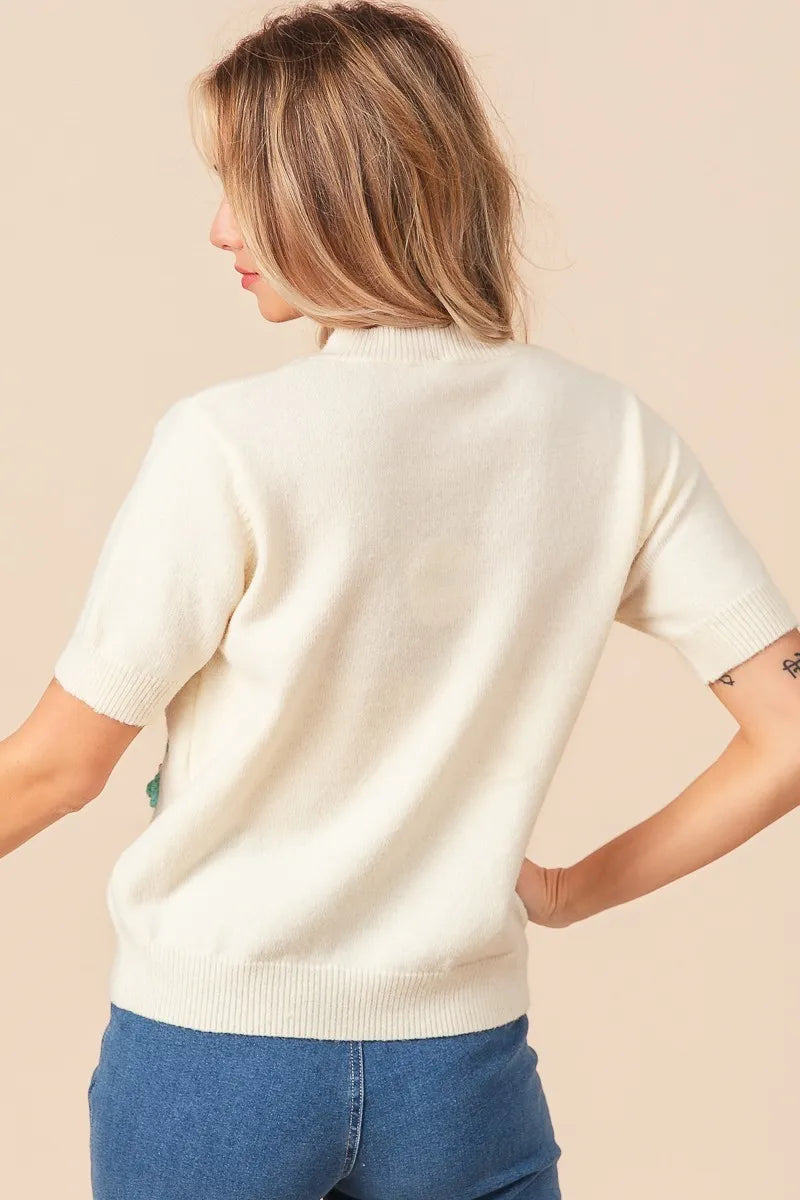 BiBi Crochet Flower Patch Sweater Top - kinko
