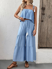Ruffle Cami Top and Wide Leg Pants Set - kinko