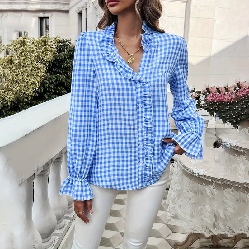 Women's French Style Checkered Button-Up Shirt - Elegant Plaid Pattern, Stand Collar With Ruffled Cuffs, Comfortable Wear - kinko