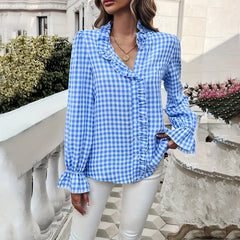 Women's French Style Checkered Button-Up Shirt - Elegant Plaid Pattern, Stand Collar With Ruffled Cuffs, Comfortable Wear - kinko
