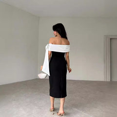 Women's Off-shoulder Bow Black And White Color Matching Elegant Cocktail Dress - kinko