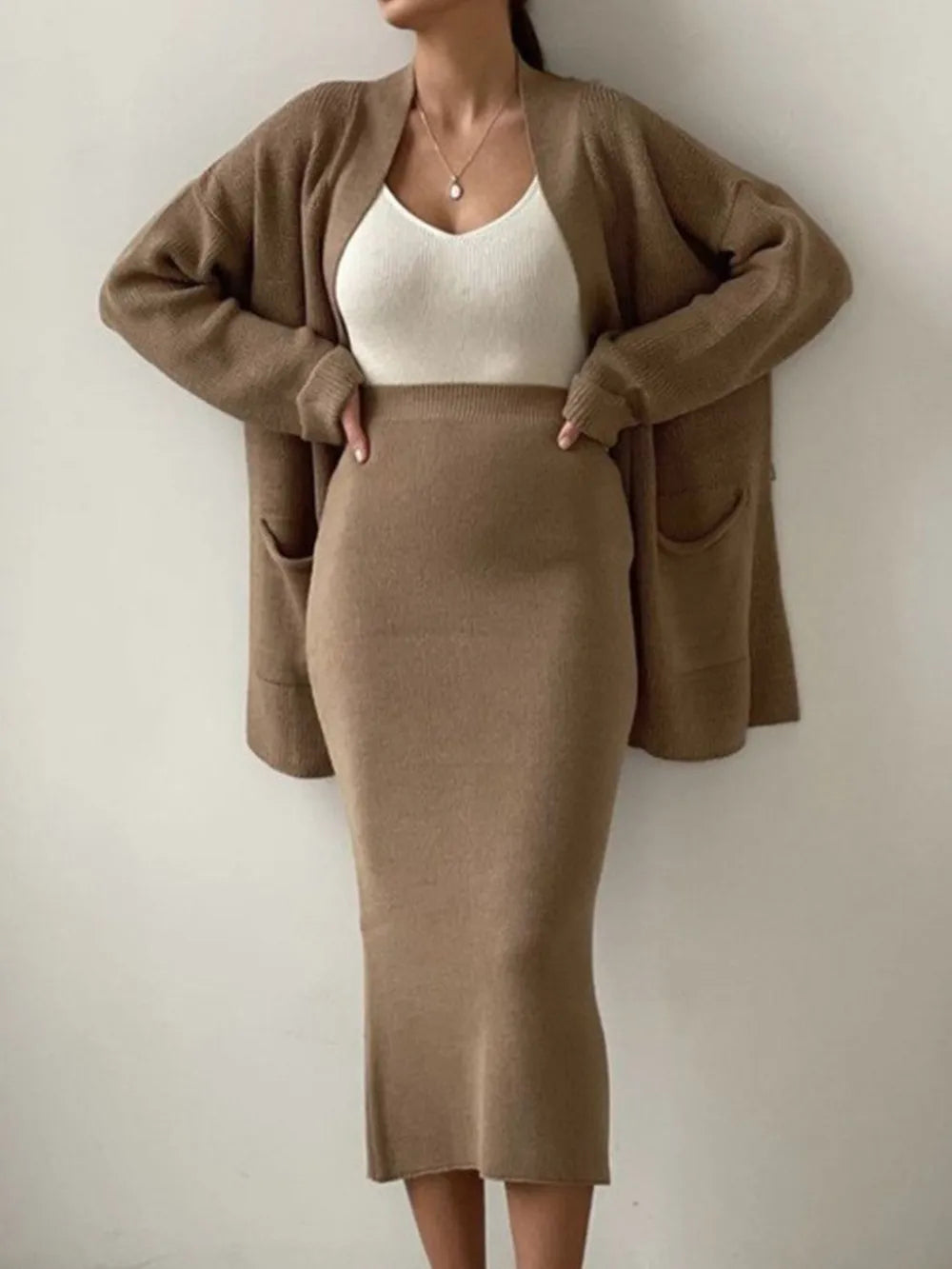 Pocketed Long Sleeve Cardigan and Skirt Sweater Set - kinko