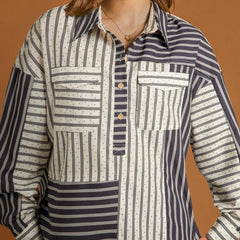 Black Stripe 2-tone Patchwork Half Buttons Chest Pockets Casual Blouse - kinko