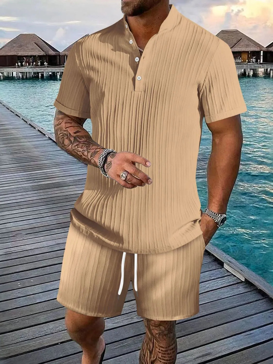 Men's Full Size Button Detail Short Sleeve Top and Shorts Set Plus Size - kinko
