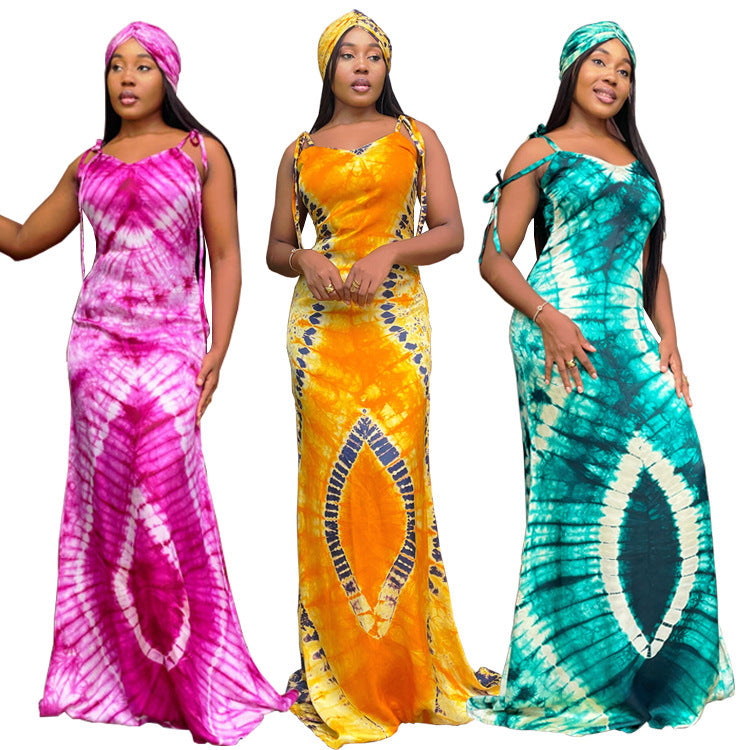Women's Fashionable Printed Suspenders Slim Fit Long Dress Long Dress Scarf - kinko