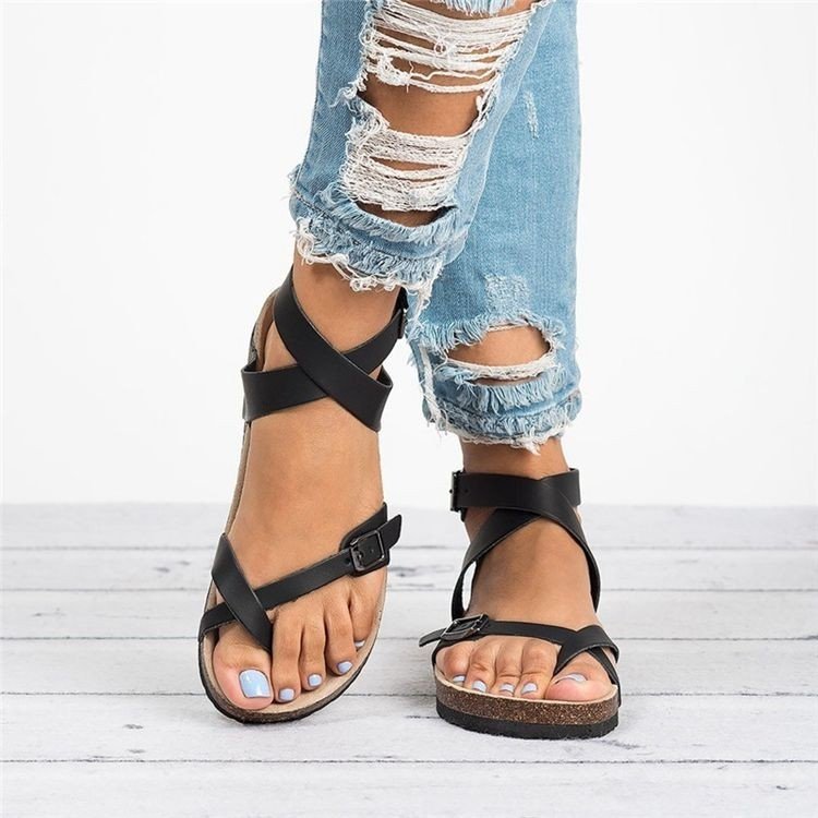 Summer plus Size Sandals Cork Sole Roman Toe Covering Belt Buckle Strip Winding Sandals Women - kinko Global Holdings inc