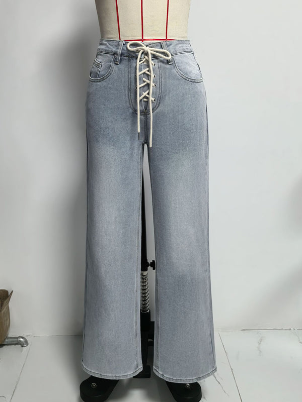 Herbstliche Jeans mit Kordelzug und gekreuzten Riemen, gerade geschnitten, Retro-Schlankheits-Jeans mit weitem Bein für Damen