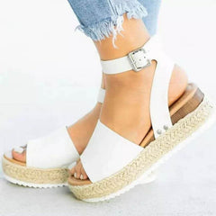 plus Size Summer Platform Heel Buckle Sandals Women Leopard Print Hemp Rope Woven Wedge - kinko Global Holdings inc