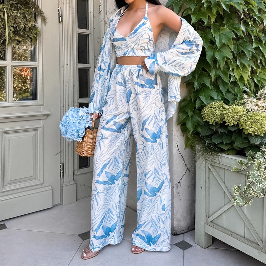 Herbstlicher bedruckter Pyjama, dreiteilig, bestehend aus Cardigan, Langarmhose und Damen-Hauskleidung