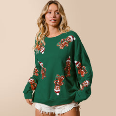 Frühlings- und Herbstmode: Die besten Damenkleider – Weihnachts-Lebkuchenmann-Pailletten-Sweatshirt, einfarbig, langärmelig, Stricktop