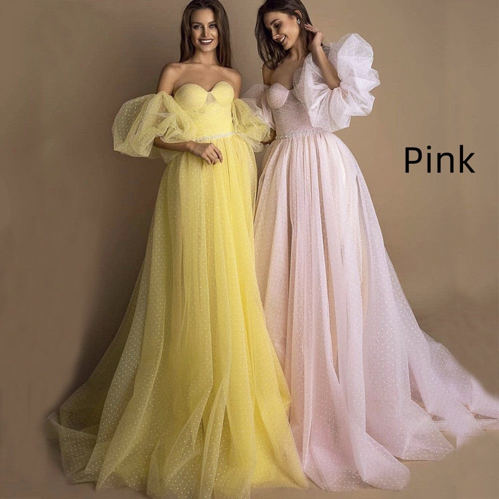 Evening Gown Tube Top Retro Lantern Sleeve Light Yarn - kinko