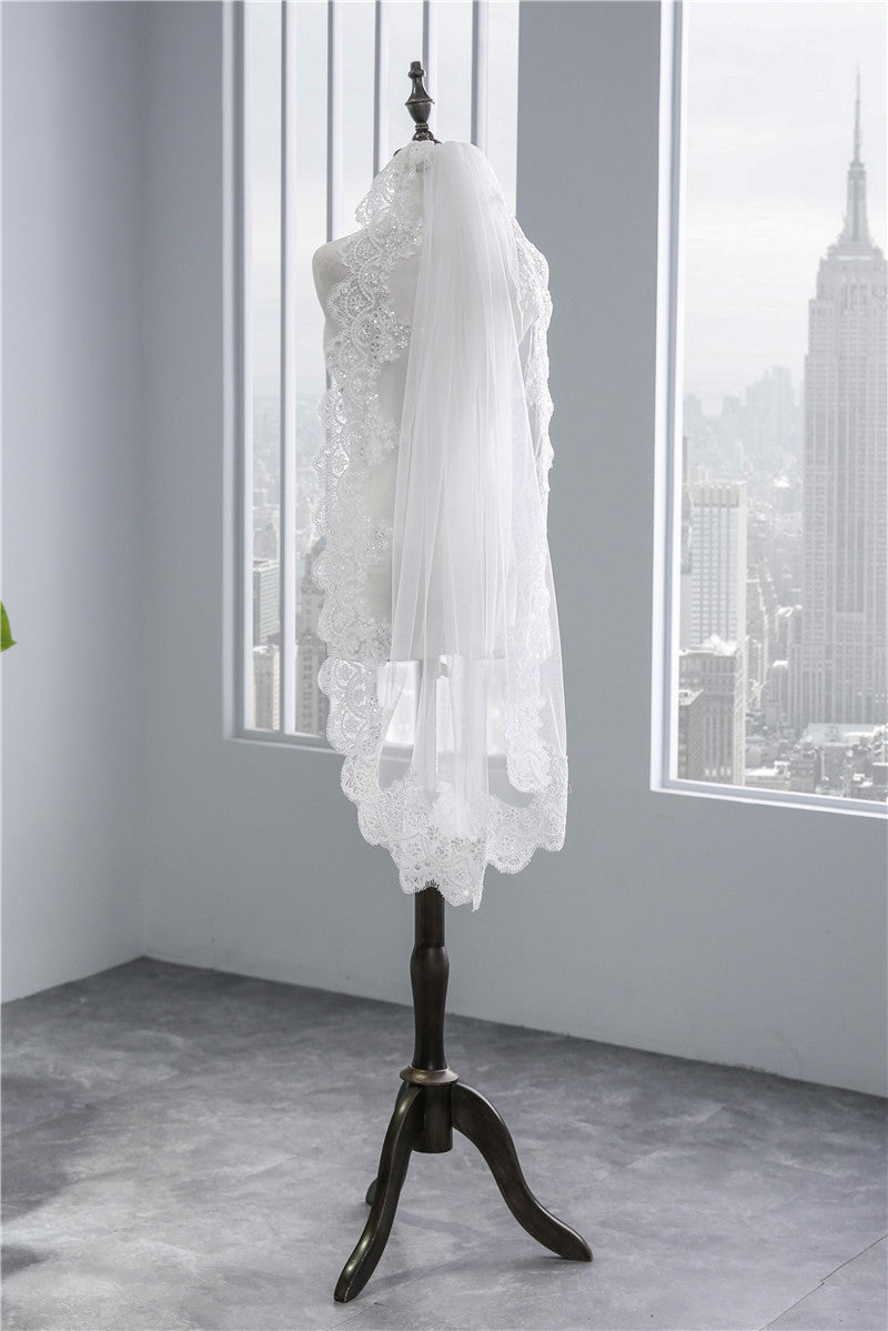 Short Veil Soft Mesh Sequined Lace White Ivory - kinko