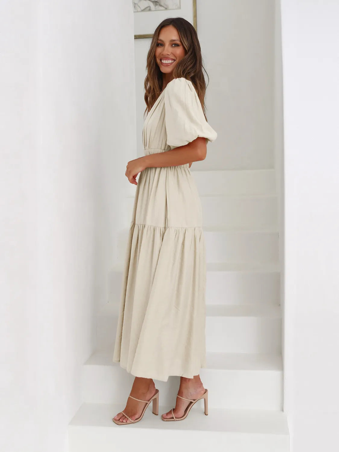 Tiered Surplice Half Sleeve Midi Dress - kinko