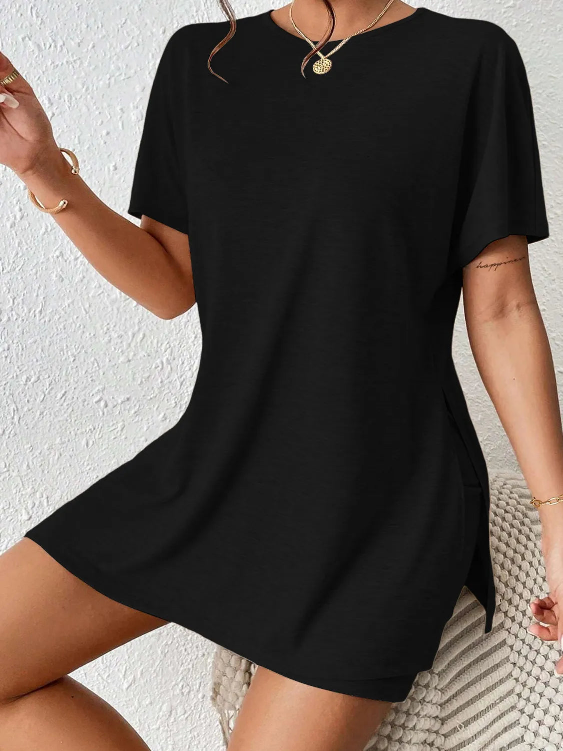 Slit Round Neck Short Sleeve Oversized Top and Shorts Set - kinko